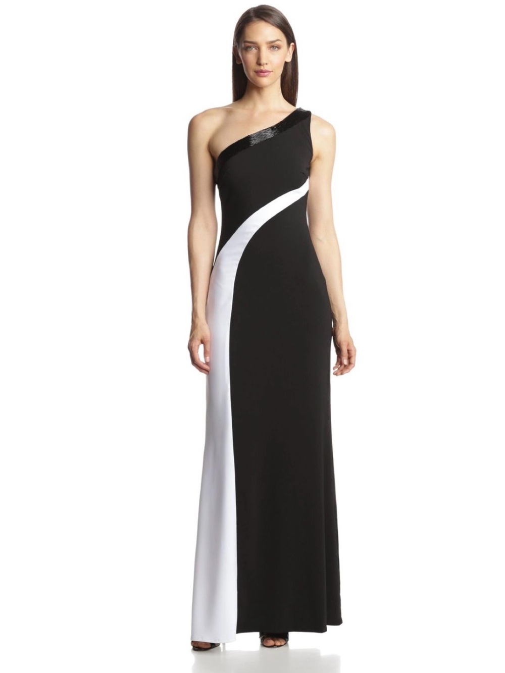 JS Boutique One-Shoulder Black and White Column Gown